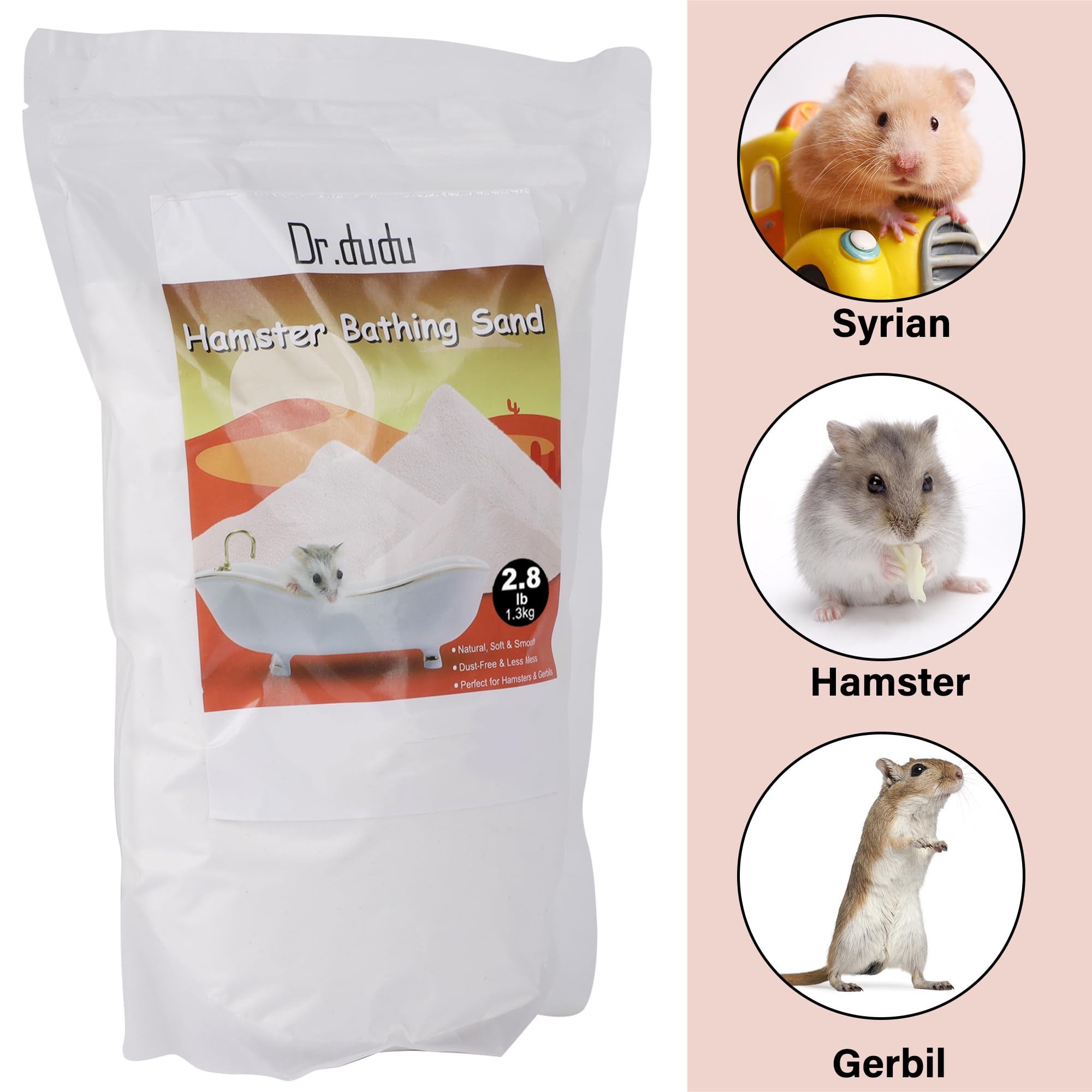 DR.DUDU Hamster Bath Sand, 2.8lb Dust Free Desert Sand or Potty Litter Sand for Hamster Chinchillas Gerbil Syrian Mice Small Animals (White)