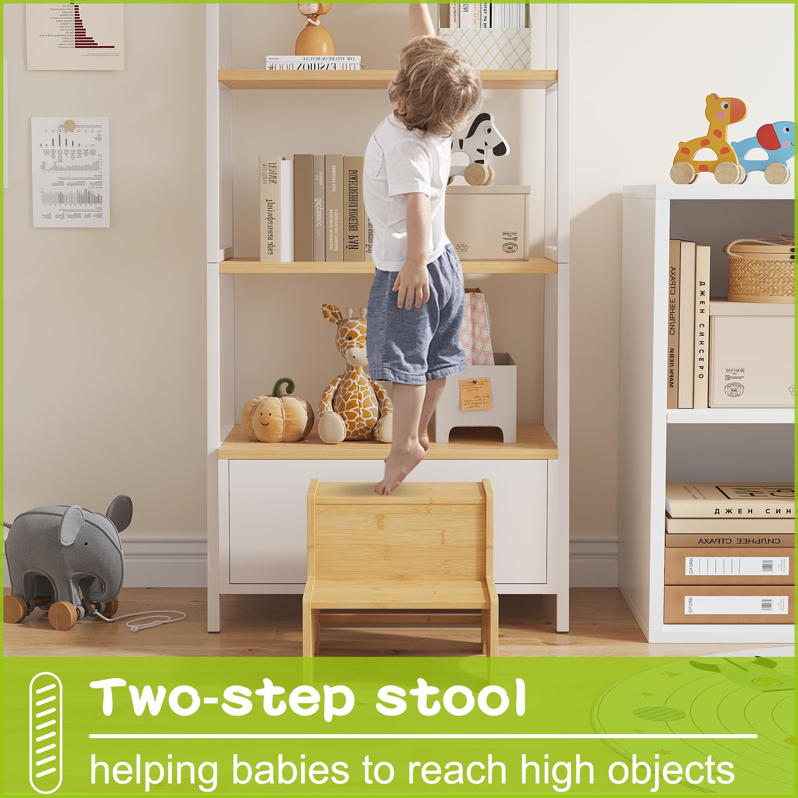 BMOSU Two Step Stool for Kids Bathroom Potty Stool Kitchen Stool Toddler with Handles Stool Dual Height for Bathroom Study Kitchen (Natural)