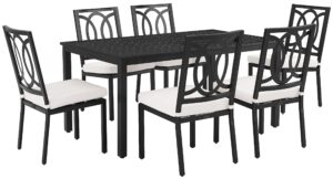 crosley furniture chambers 7-piece outdoor dining set for 6, patio table and chairs for backyard, deck, matte black with creme cushions