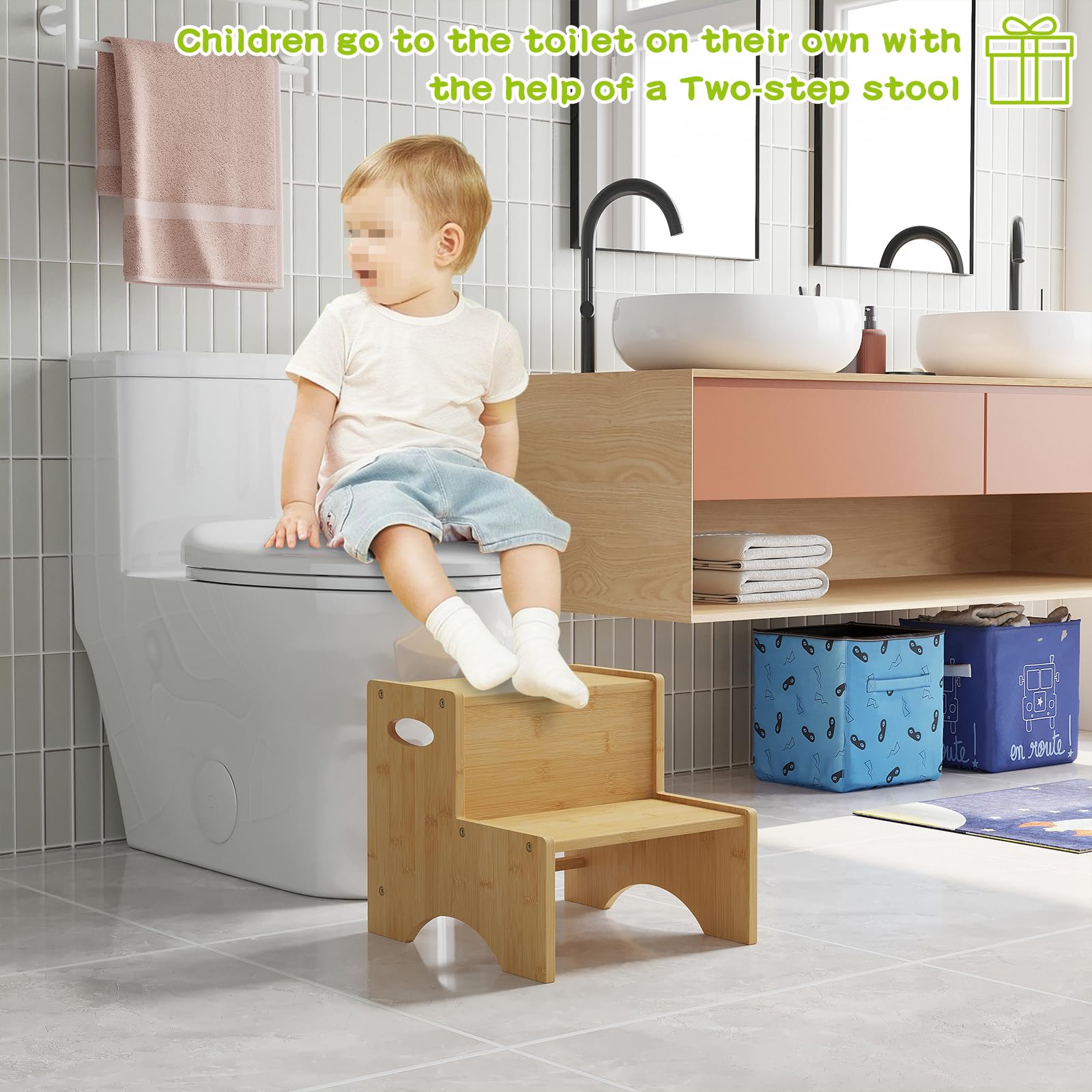 BMOSU Two Step Stool for Kids Bathroom Potty Stool Kitchen Stool Toddler with Handles Stool Dual Height for Bathroom Study Kitchen (Natural)