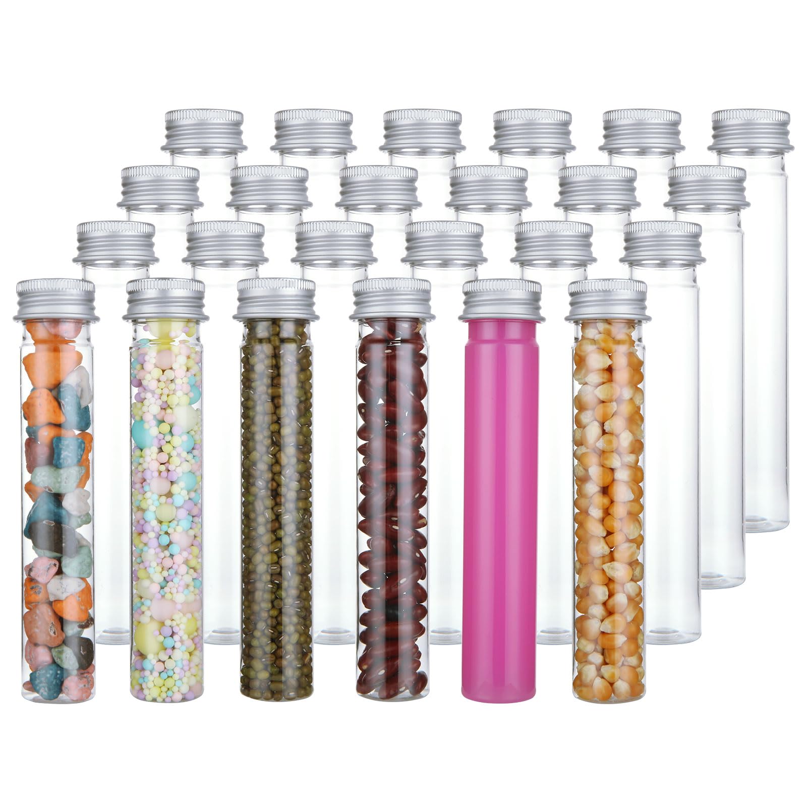 WOPPLXY 50 Pcs 65 ml Clear Flat Plastic Test Tubes with Screw Caps, Plastic Candy Tubes with Screw Caps, Bath Salts Test Tubes, Gumball Tubes for Candy,Bath Salts,Spices,Beads Display and Party Decor