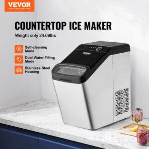 VEVOR Countertop Ice Maker, 33lbs in 24Hrs, 2 Ways to Water Inlet Self-Cleaning Portable Ice Maker with 2 Sizes Bullet Ice, Ice Maker with Scoop and Basket for Home Kitchen Office Party