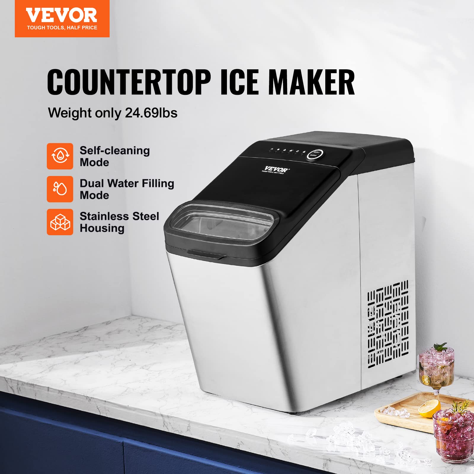 VEVOR Countertop Ice Maker, 33lbs in 24Hrs, 2 Ways to Water Inlet Self-Cleaning Portable Ice Maker with 2 Sizes Bullet Ice, Ice Maker with Scoop and Basket for Home Kitchen Office Party