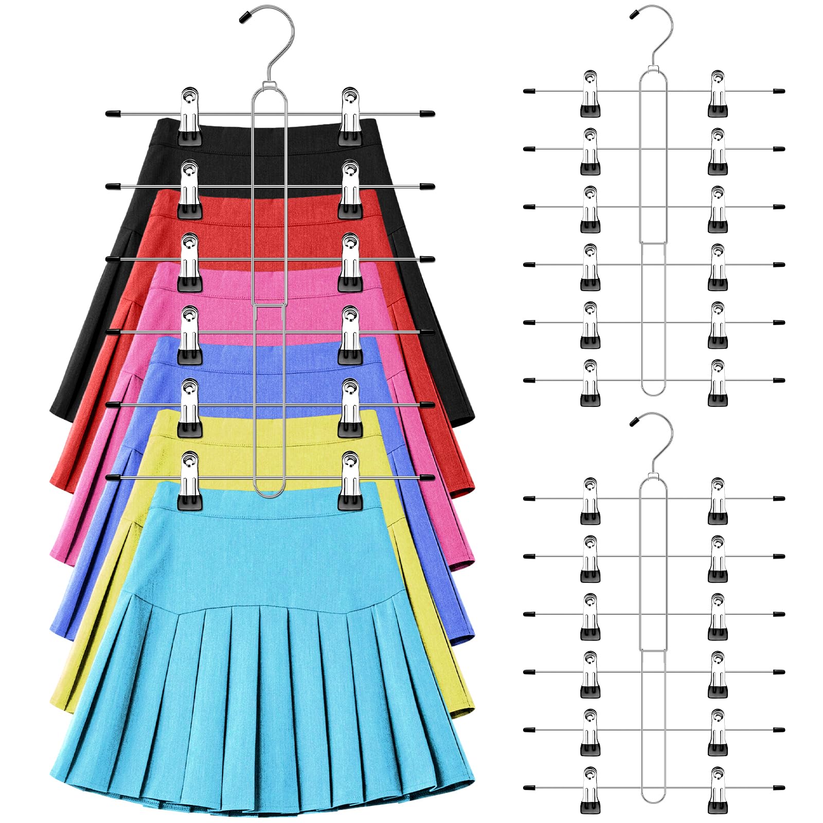 6 Tier Skirt Hangers Space Saving,2 Pack Pants Skirts Hangers with Clips for Women Closet,Non Slip Closet Organizer and Storage Multi Clothes Shorts Hanger Organization Dorm Room Essentials