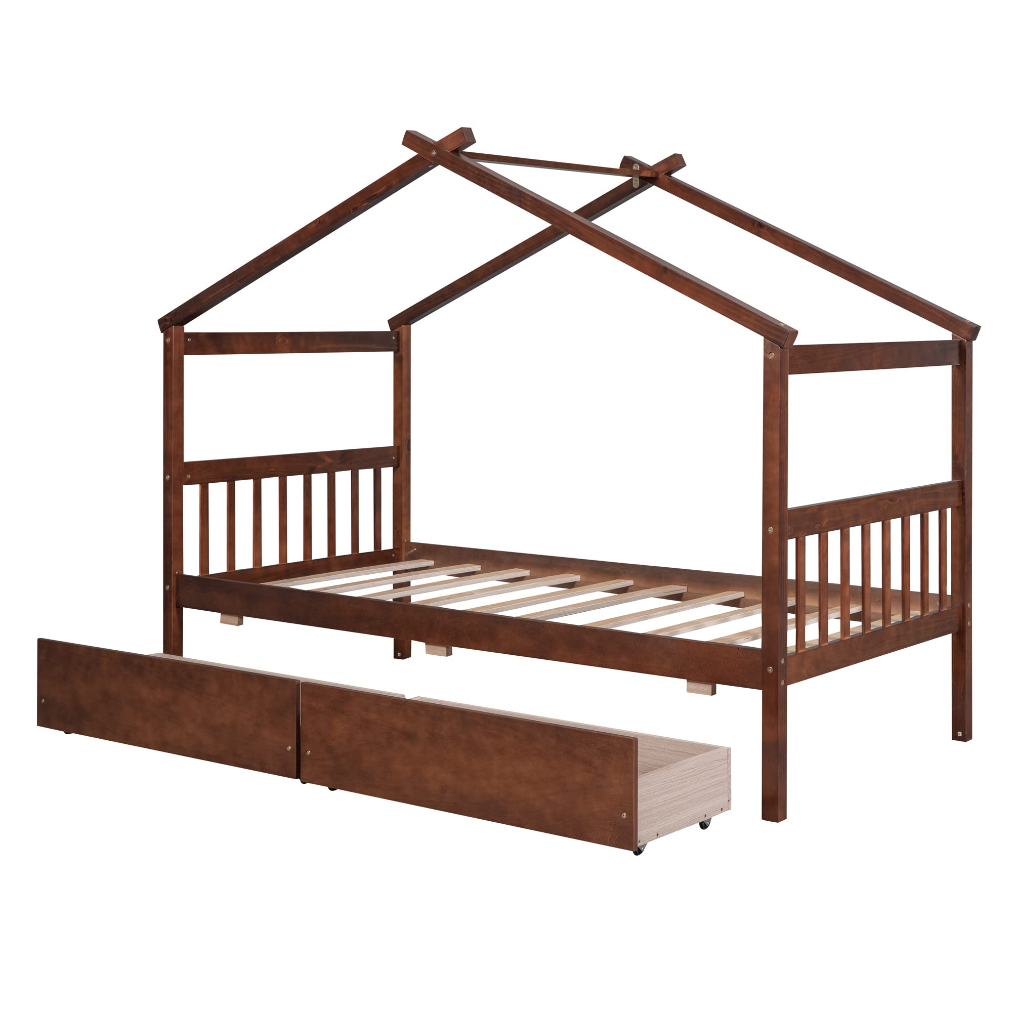 Twin Size House Bed with 2 Storage Drawers Wooden Kids Montessori House Bed Frame Wood Playhouse Tent Bed for Girls Boys Teens, Walnut