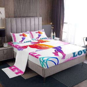 basketball lovers kids sheet full size,modern sports games competition bedding set,girls boys adults room decor,hand painted fashion pink purple bed sheet set 4pcs(fitted + flat + 2 pillowcases)