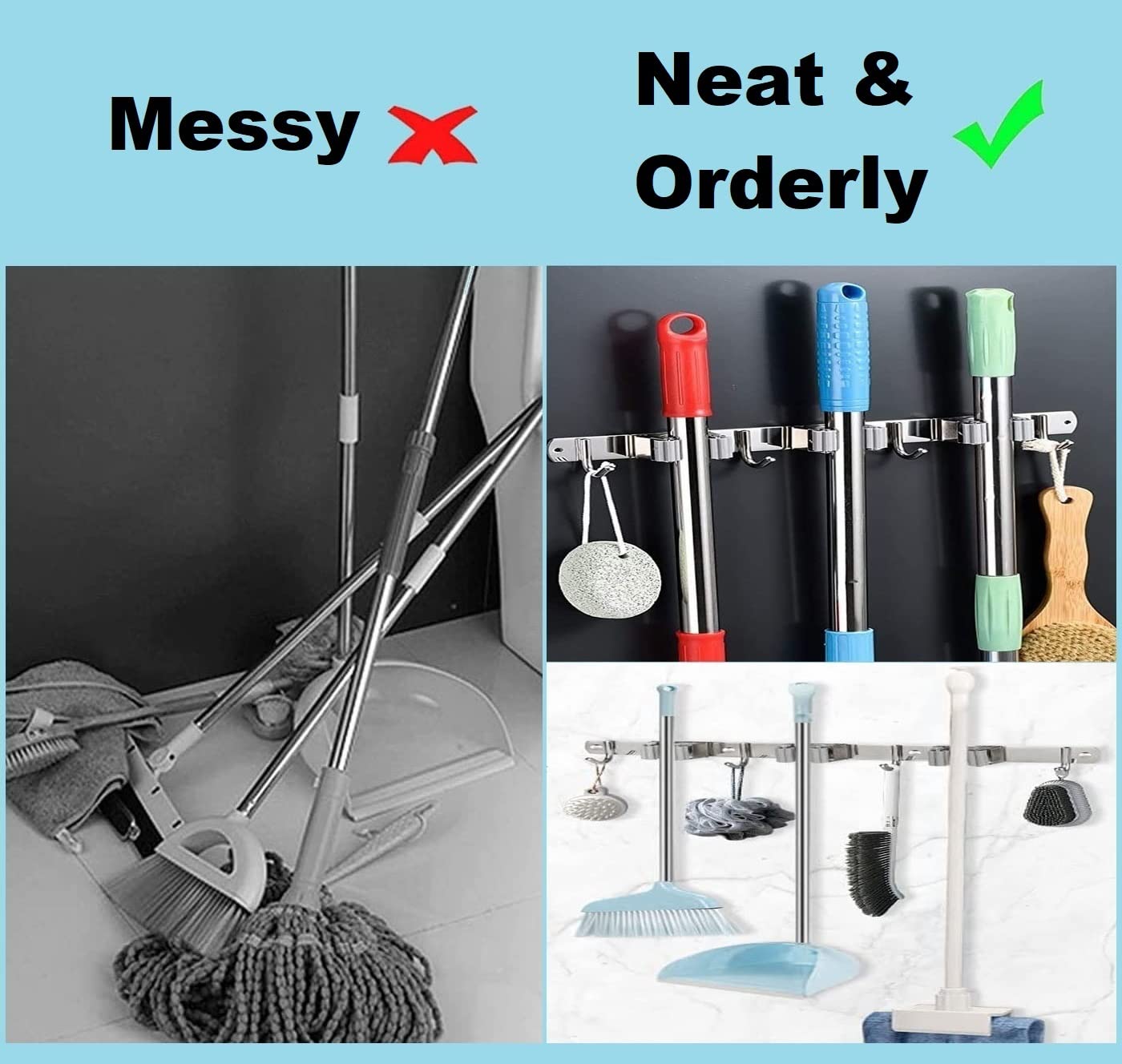 Mokife Mop Broom Holder Wall Mount Heavy Duty Adhesive Tools Organizer Rack Stainless Steel with 4 Positions 5 Hooks for Utility Room, Garage, Laundry, Garden, Kitchen, Bathroom, Toilet and Office