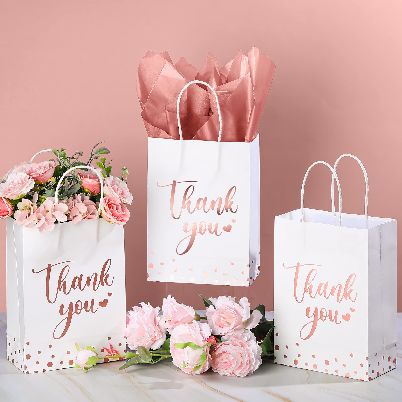 Tinlade 30 Pcs Thank You Gift Bags with Tissue Paper Gold Thank You Wedding Bags with Handle for Graduation Business Shopping Wedding Baby Shower Party Favors(Rose Gold)