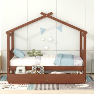 Twin Size House Bed with 2 Storage Drawers Wooden Kids Montessori House Bed Frame Wood Playhouse Tent Bed for Girls Boys Teens, Walnut