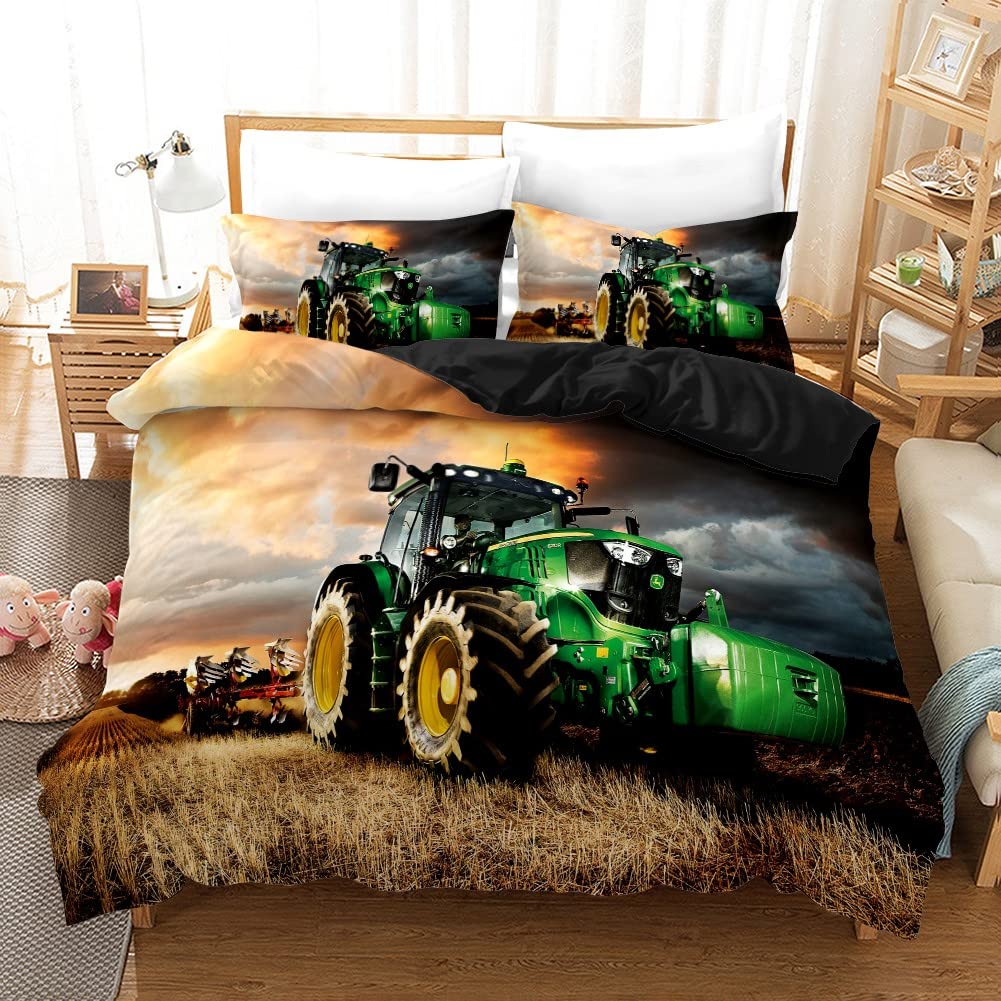 Duvet Cover Twin Kids Green Tractor, Bedding Set Twin for Boys Girls, Soft Microfiber Comforter Cover with Zipper Closure, 3 Pieces (1 Quilt Cover + 2 Pillow Shams, 68x86 Inch)