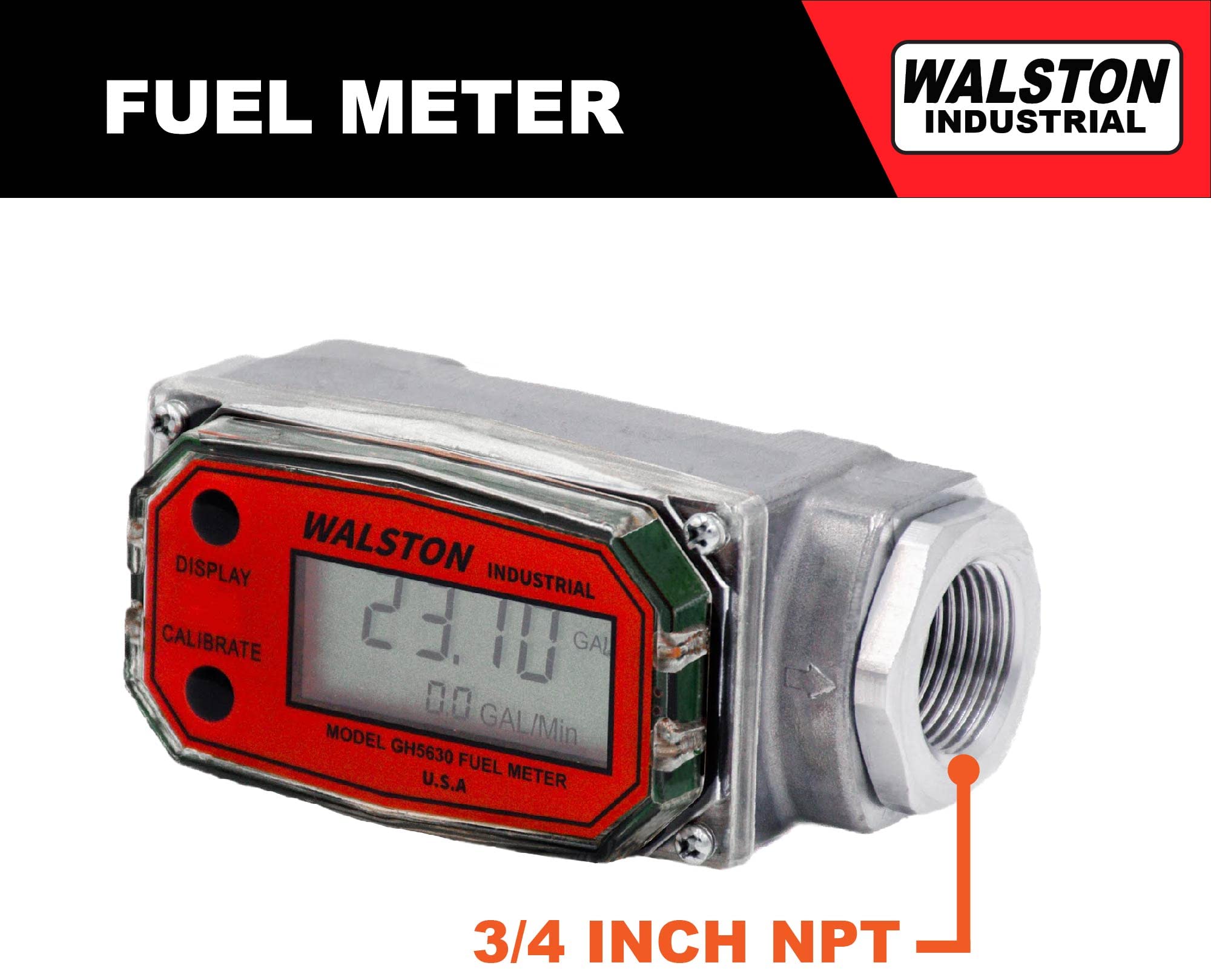 WALSTON INDUSTRIAL GH-5630 Digital Fuel Meter 3/4 Inch, Diesel Fuel Meter, 3-30 GPM, Diesel, Gasoline, Kerosine, Lubricants, 3/4" NPT