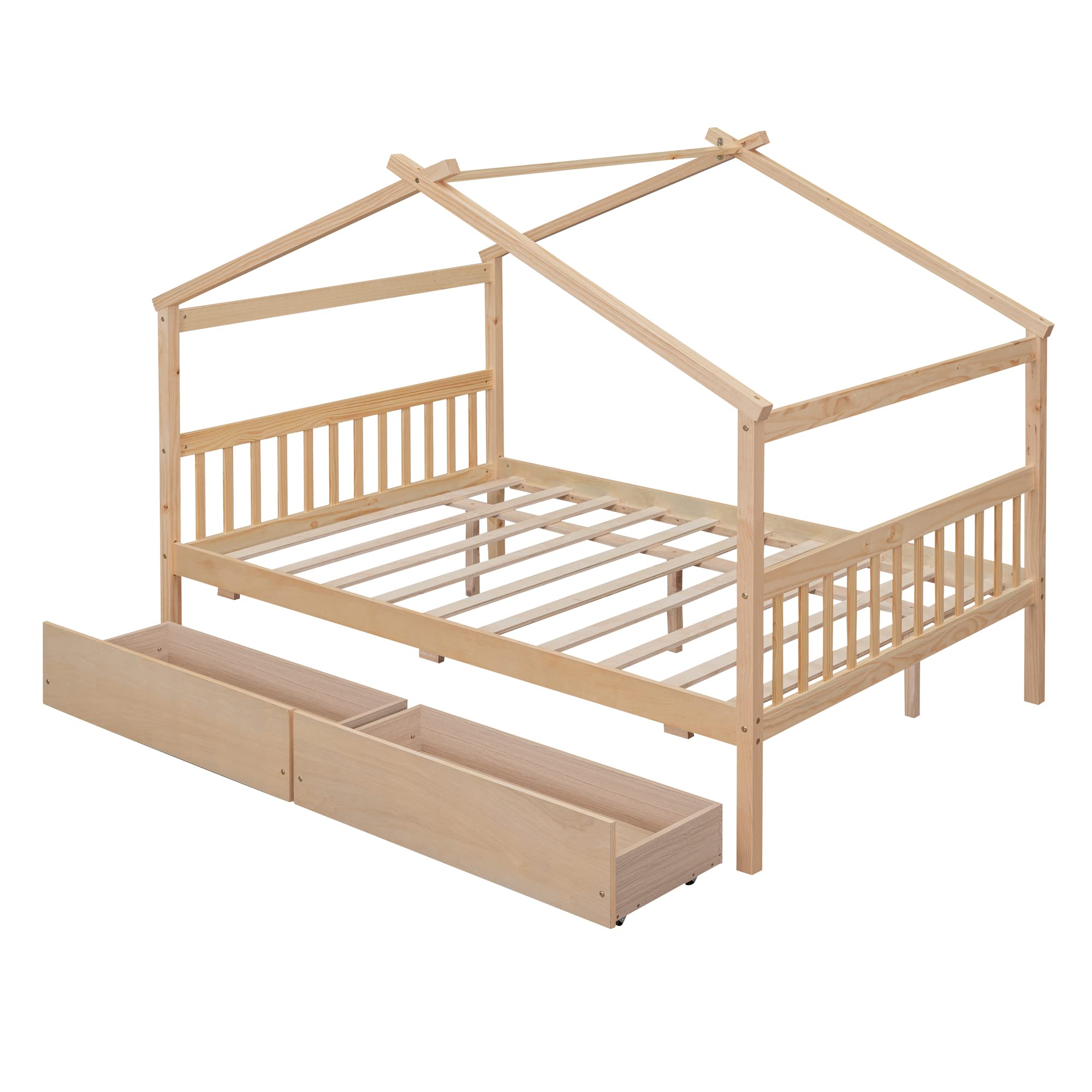 Full Size House Bed with 2 Storage Drawers Wooden Kids Montessori House Bed Frame Wood Playhouse Tent Bed for Girls Boys Teens, Natural