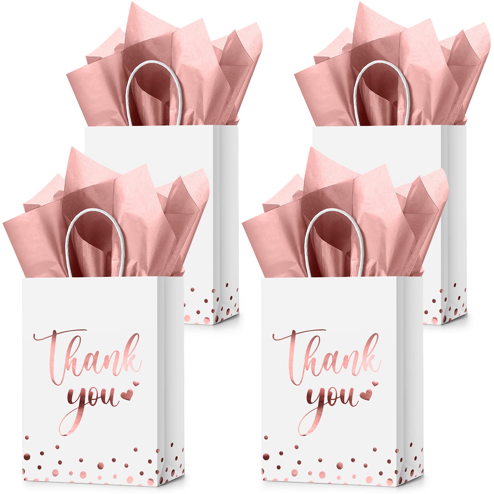 Tinlade 30 Pcs Thank You Gift Bags with Tissue Paper Gold Thank You Wedding Bags with Handle for Graduation Business Shopping Wedding Baby Shower Party Favors(Rose Gold)