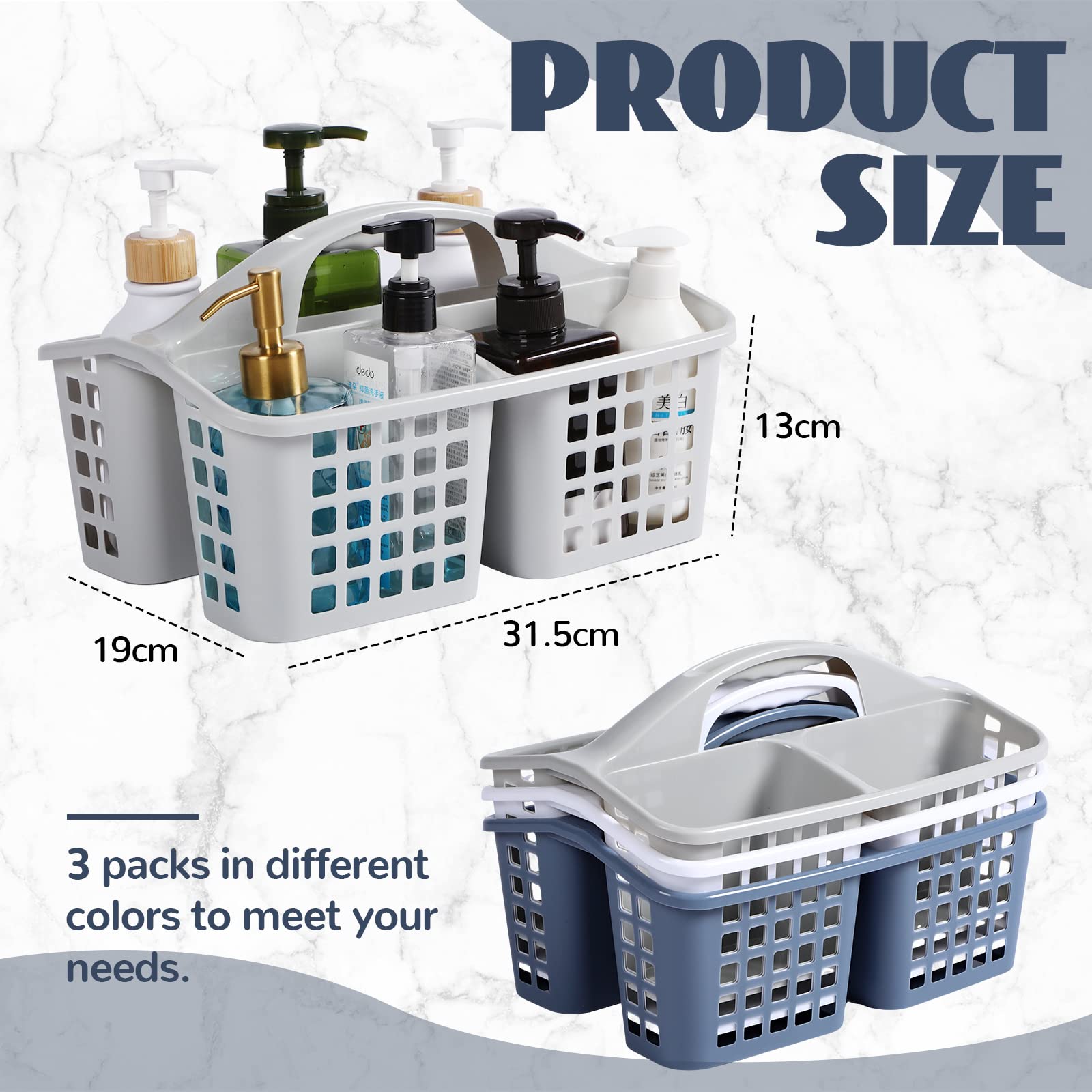 Tanlade 3 Pcs Portable Shower Caddy Basket Cleaning Supplies Organizer with Compartments and Handle Plastic Shower Caddy Shower Bucket for Storage Bathroom Bedroom Kitchen College Dorm