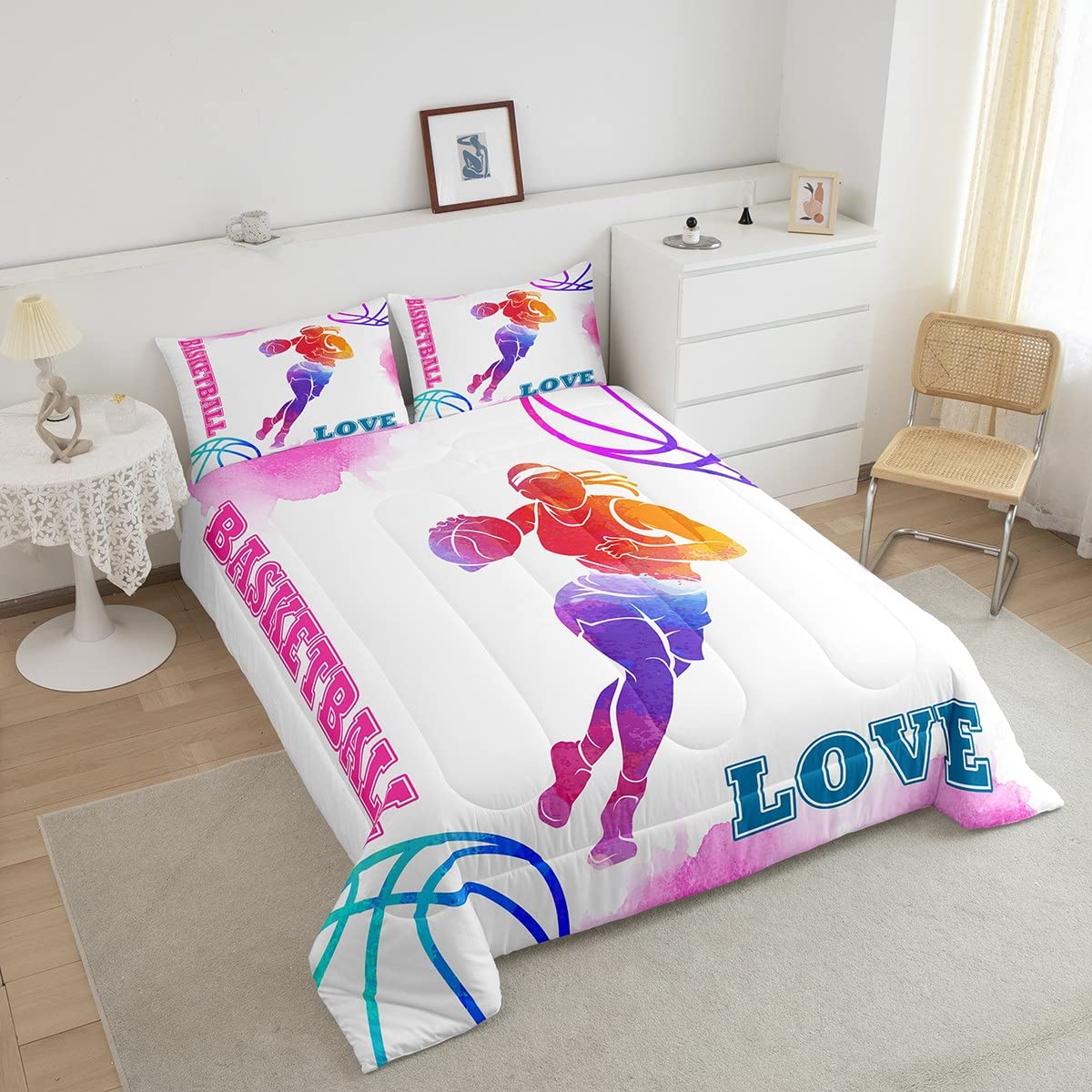 Basketball Lovers Kids Comforter Set Full Size,Modern Sports Games Competition Bedding Set,Girls Boys Adults Room Decor,Hand Painted Fashion Down Comforter,Pink Purple Duvet Insert,2 Pillowcases