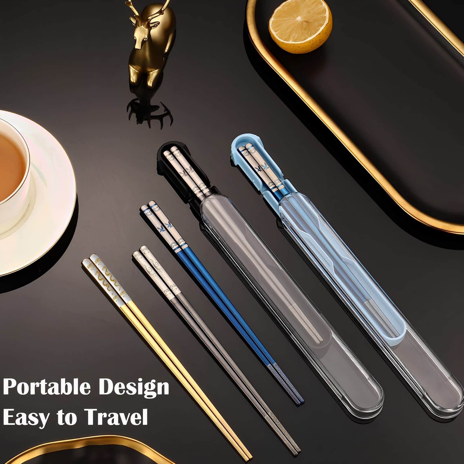 Portable Chopsticks with Pull Design Case, Reusable Metal Stainless Steel Chopstick with Titanium Plated for School, Home, Office, Outdoor, Bento Box Use, Dishwasher Safe (Black Phoenix)