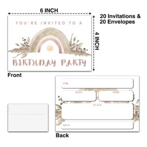 YSTEP Boho Birthday Party Invitations, 20 Invite Cards with Envelopes, 4"x6" Rainbow Birthday Invites - B04