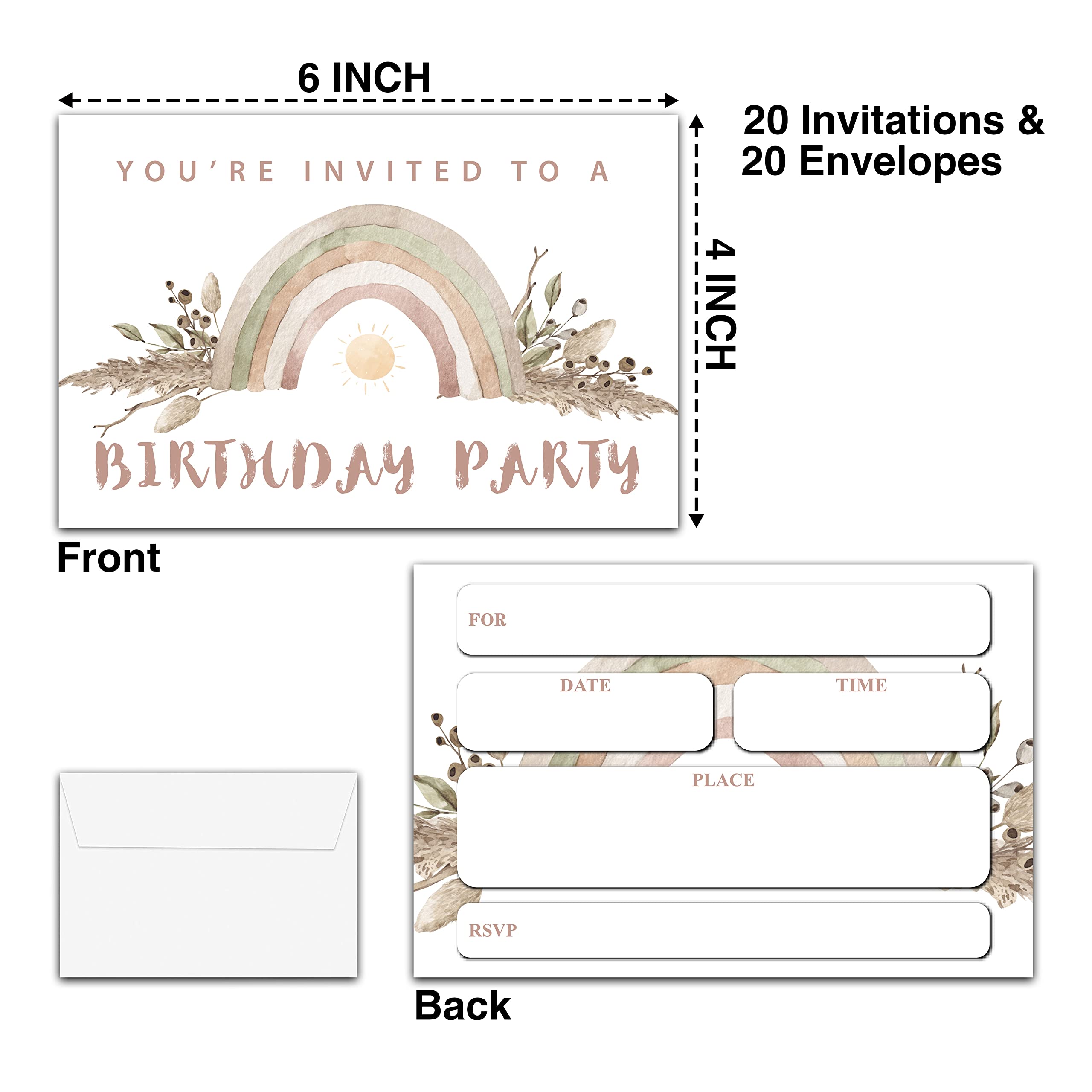 YSTEP Boho Birthday Party Invitations, 20 Invite Cards with Envelopes, 4"x6" Rainbow Birthday Invites - B04