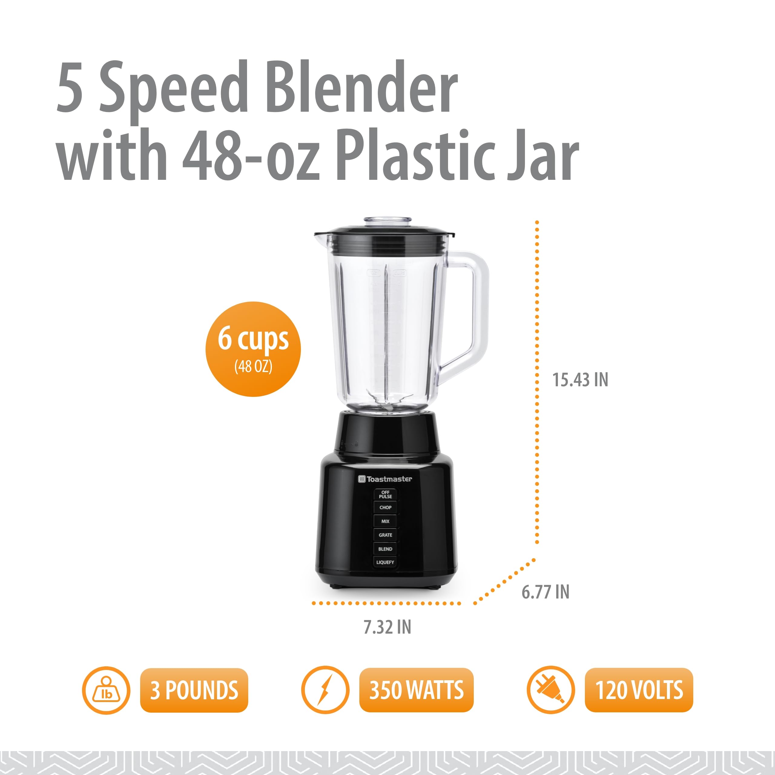 Toastmaster 350 Watt Blender with 48 oz BPA-Free Jar, Black, TM-600BL