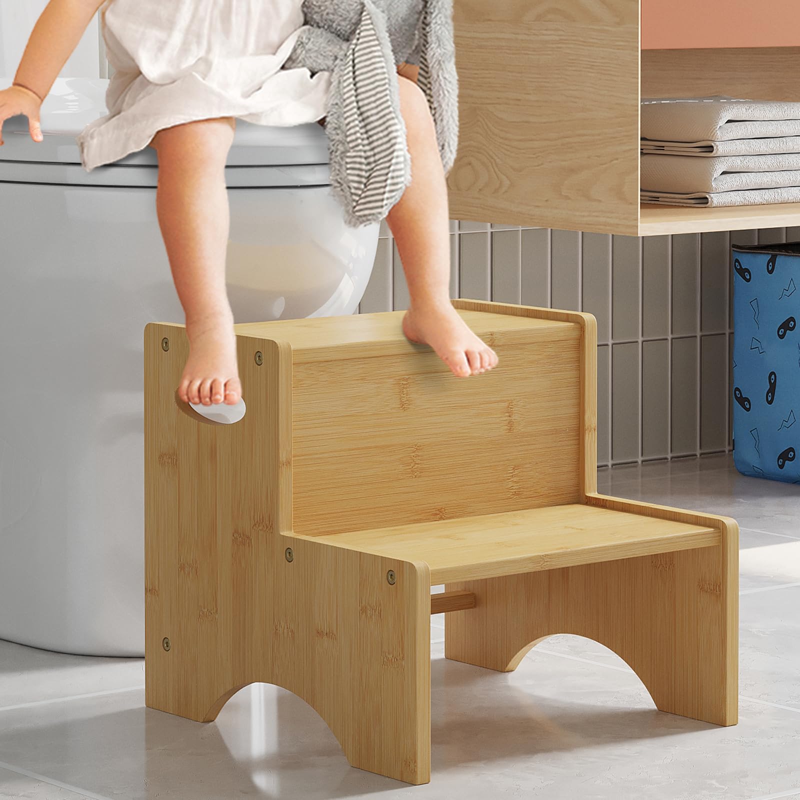 BMOSU Two Step Stool for Kids Bathroom Potty Stool Kitchen Stool Toddler with Handles Stool Dual Height for Bathroom Study Kitchen (Natural)