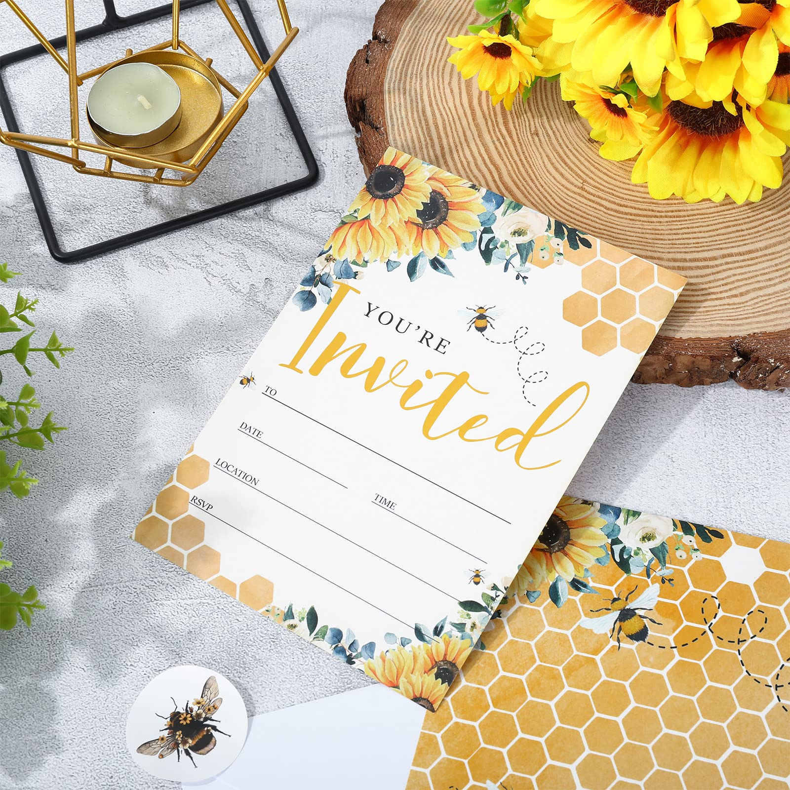 AnyDesign Sunflower Bee Party Invitations with Envelopes Stickers Watercolor Summer Flower Invitation Cards for Wedding Bridal Baby Shower Birthday Dinner Party Supplies, 20 Sets, 5 x 7 Inch