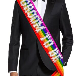 Gay Groom Bachelor Party Supplies - Silver Sparkle Sporty Groom To Be PREMIUM GRADE Rainbow Satin Sash - LQBTQ+ Pride Month Decorations - Rainbow Sash (GRM) RBW