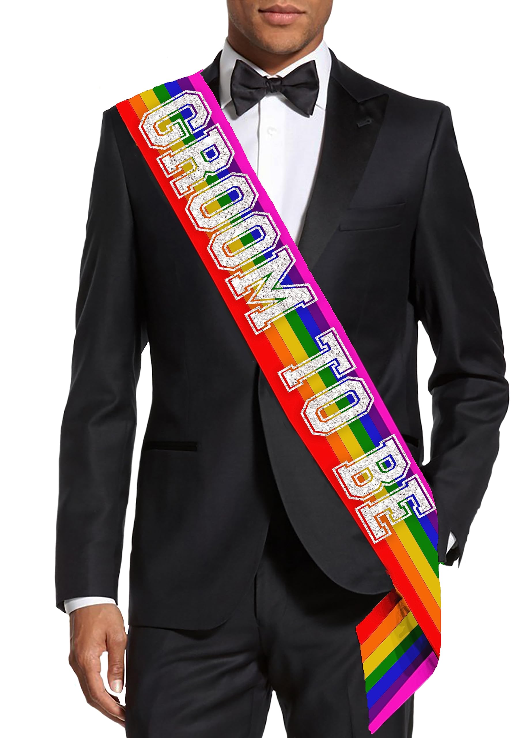 Gay Groom Bachelor Party Supplies - Silver Sparkle Sporty Groom To Be PREMIUM GRADE Rainbow Satin Sash - LQBTQ+ Pride Month Decorations - Rainbow Sash (GRM) RBW