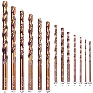 KENDO 13PCS Cobalt Drill Bit Set(1/16"-1/4"), M35 High Speed Steel, 135 Degree Tip, Twist Jobber Length Drill Bits Set for Hard Metal, Stainless Steel, Cast Iron and Wood with Metal Storage Case