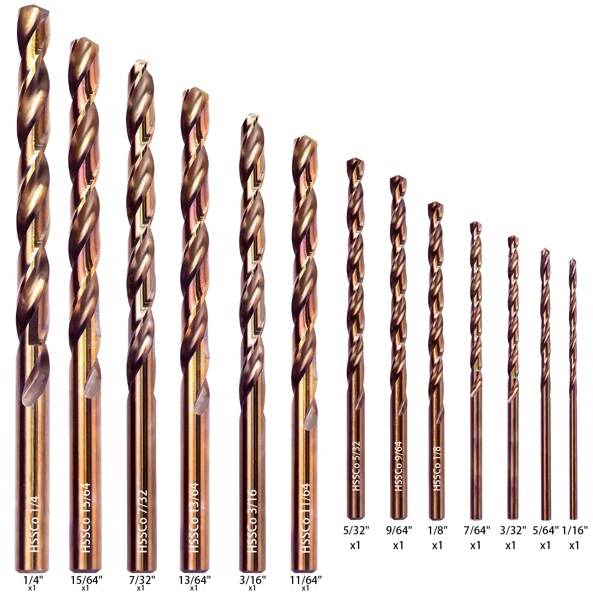 KENDO 13PCS Cobalt Drill Bit Set(1/16"-1/4"), M35 High Speed Steel, 135 Degree Tip, Twist Jobber Length Drill Bits Set for Hard Metal, Stainless Steel, Cast Iron and Wood with Metal Storage Case