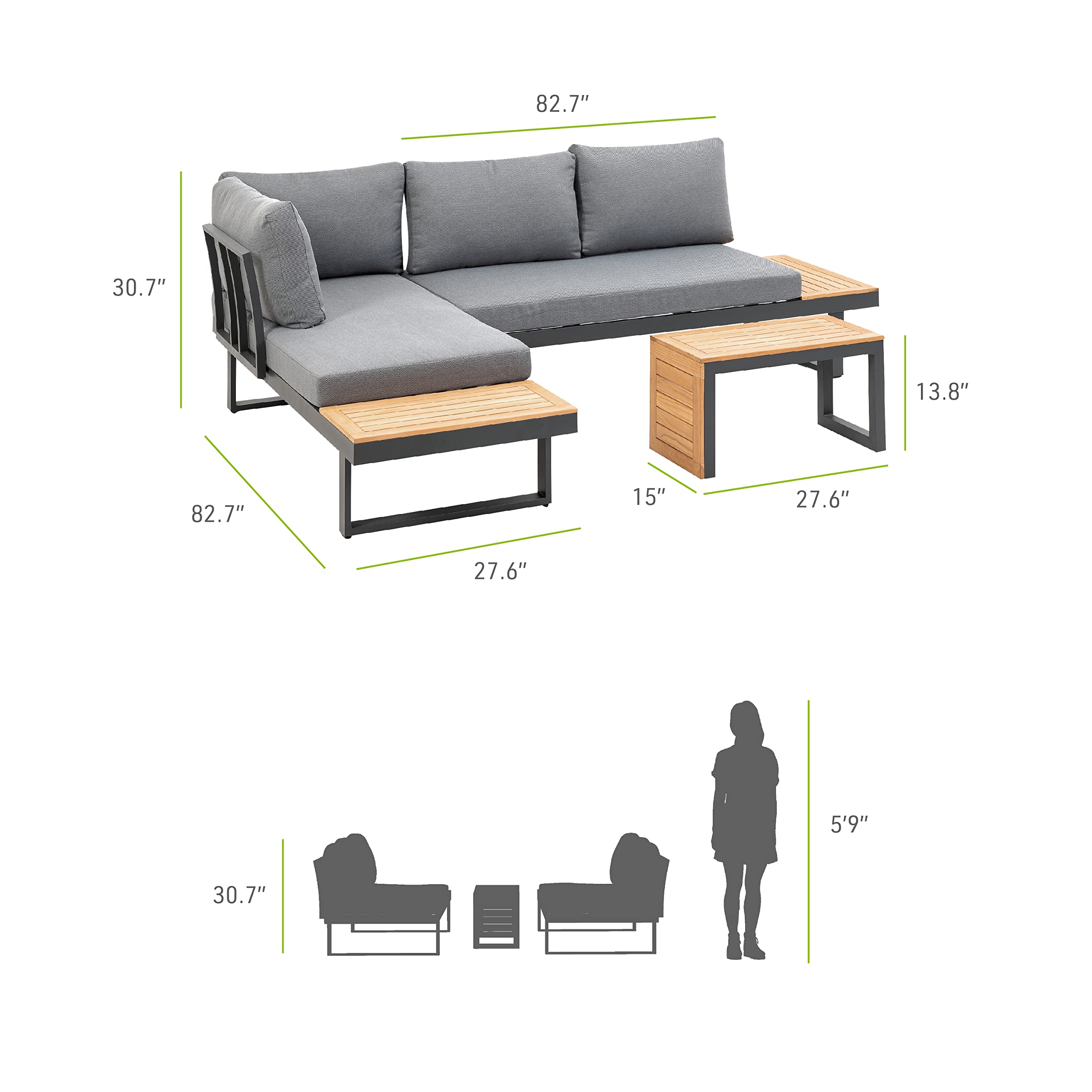 Greemotion Samara Modular Teak Solid Wood Sectional Sofa in Natural/Gunmetal