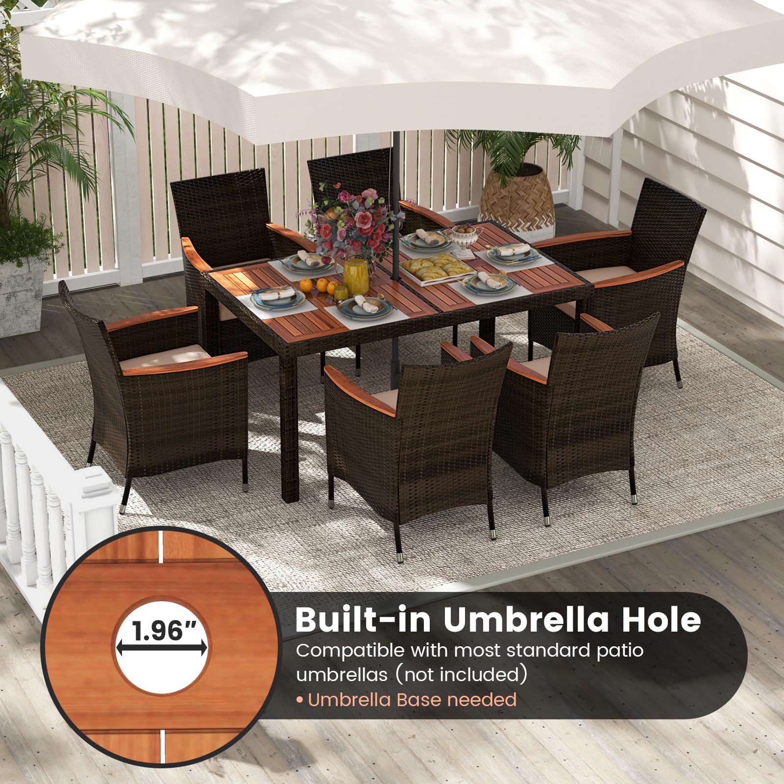 HAPPYGRILL 7 Pieces Rattan Wicker Patio Dining Set, Outdoor Dining Set with Cushions, Large Dining Table with Acacia Wood Top, Outside Dining Furniture Set with Umbrella Hole