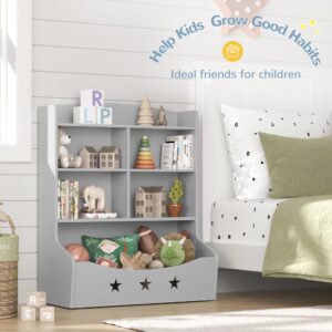 Curipeer Kids Bookshelf, Three-and-a-Half Tier Wooden Bookcase, Bookshelf for Playing Room, Nursery, Bedroom, Toy Storage Cabinet with 5 Cube Units, Star Pattern Kids' Toy Storage Organizer, Gray