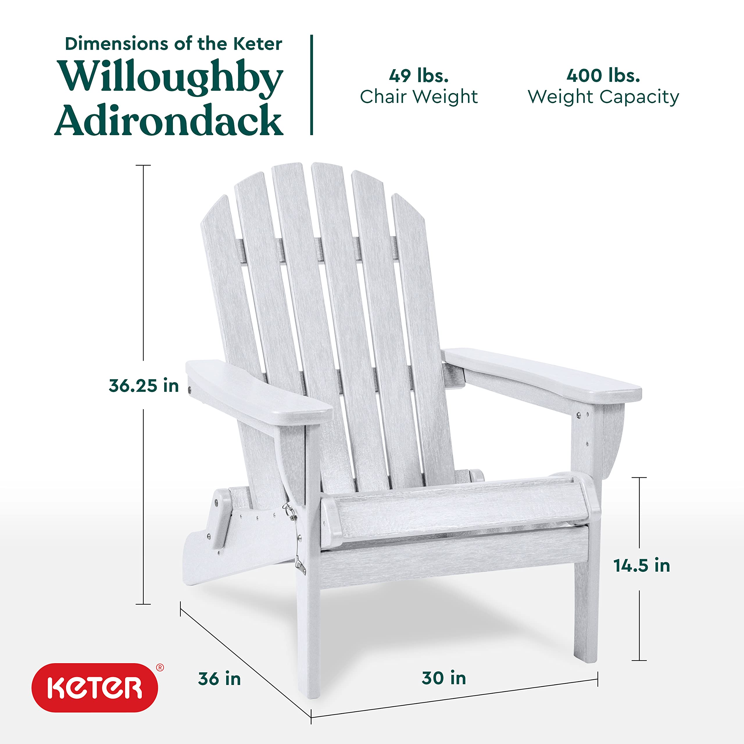 Keter Willoughby Folding Adirondack Chair with Weatherproof Finish, Outdoor Furniture for Entertaining by The Pool, Patio, and Fire Pit, Easy Assembly for Sturdy and Steady Outdoor Seating, White