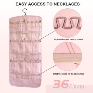 Gurajo Hanging Jewelry Organizer Doubled-sided with Pockets & Hooks for Rings, Earrings, Necklaces, Hair Accessories Storage Roll, Closet Earring Holder Organizer for Wall, Door, Travel, 1 PCS, Pink