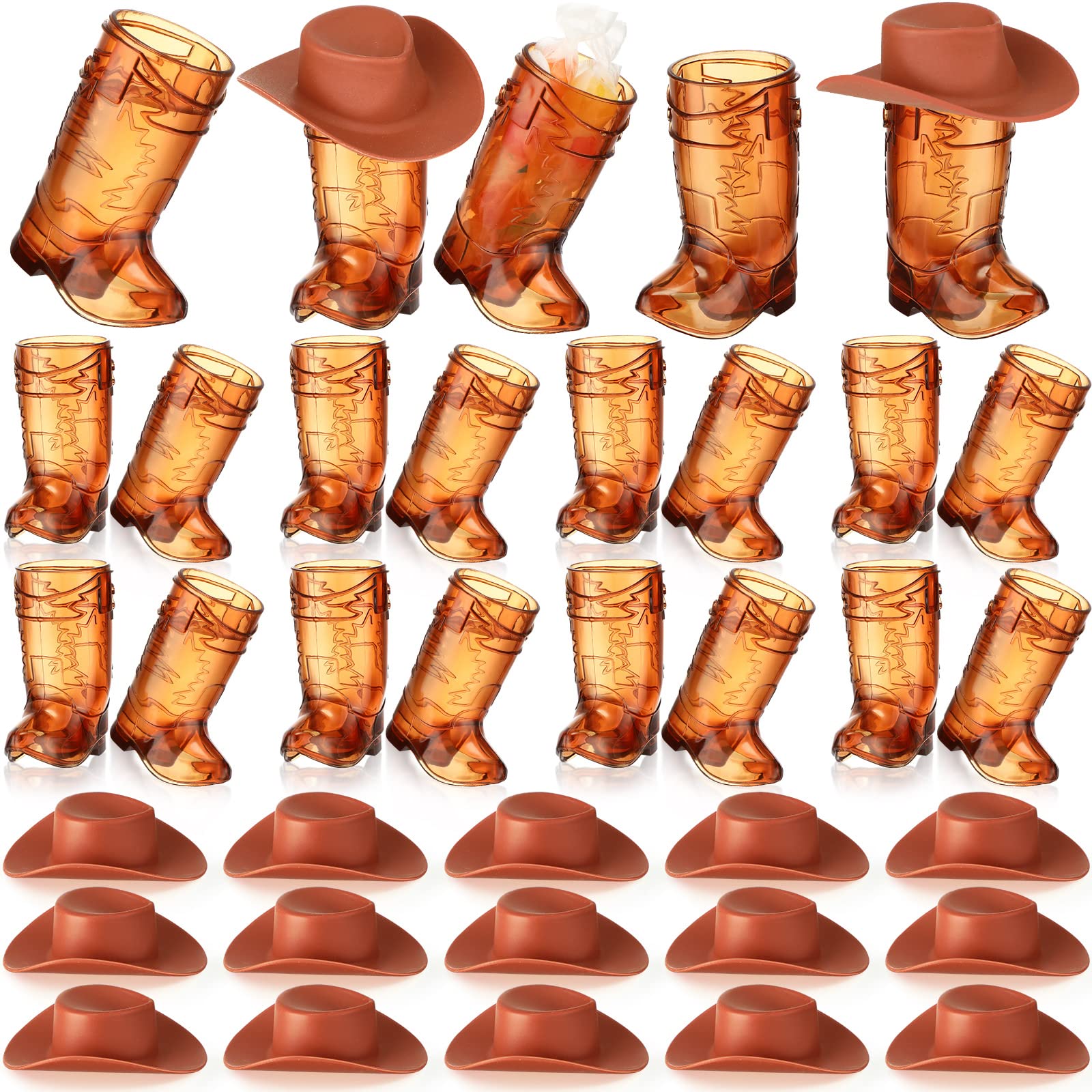 Sieral 32 Pcs Mini Cowboy Boot Shot Glasses Plastic Cowgirl Party Supplies Western Plastic Mugs for Cowboy Cowgirl Party Decorations Bachelorette Party Supplies Pink Boot Cups (Brown, 32 Pcs)