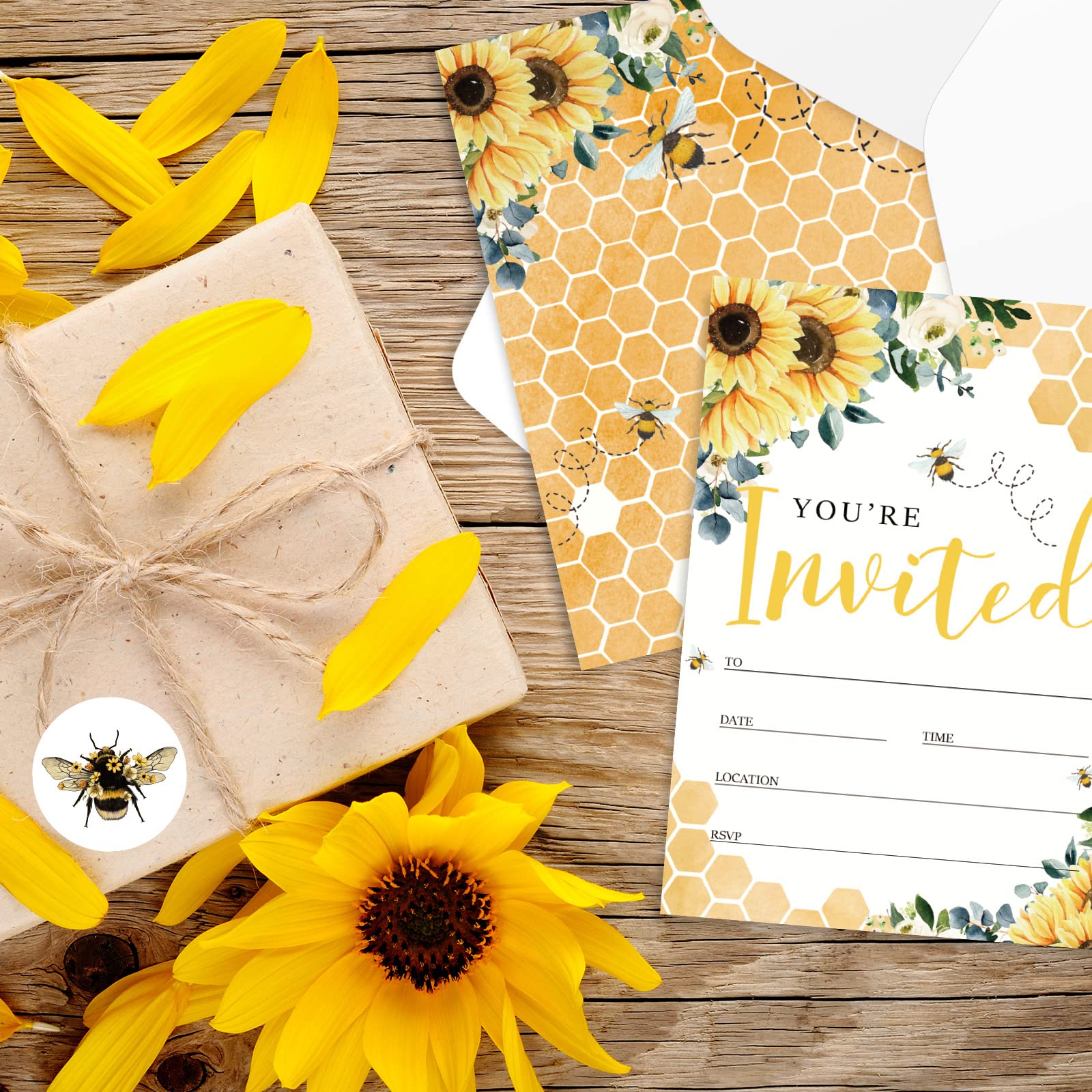 AnyDesign Sunflower Bee Party Invitations with Envelopes Stickers Watercolor Summer Flower Invitation Cards for Wedding Bridal Baby Shower Birthday Dinner Party Supplies, 20 Sets, 5 x 7 Inch