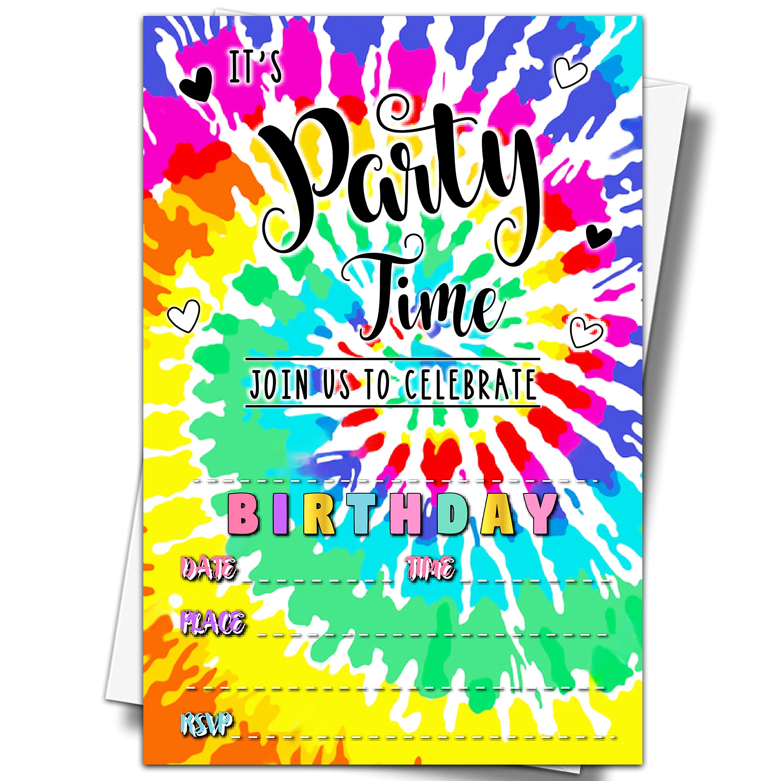 YSTEP Tie Dye Birthday Party Invitations, 20 Invite Cards with Envelopes, 4"x6" It's Party Time Birthday Invites - B21