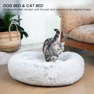 Vannokor Cat Bed for Indoor Cat, Calming Anti Anxiety Donut Cat Bed Fluffy Faux Fur Plush Cat Bed, 24 Inch Warming Cozy Soft Round Cat Bed, Anti Slip Waterproof Pet Cuddler Bed for Small and Medium