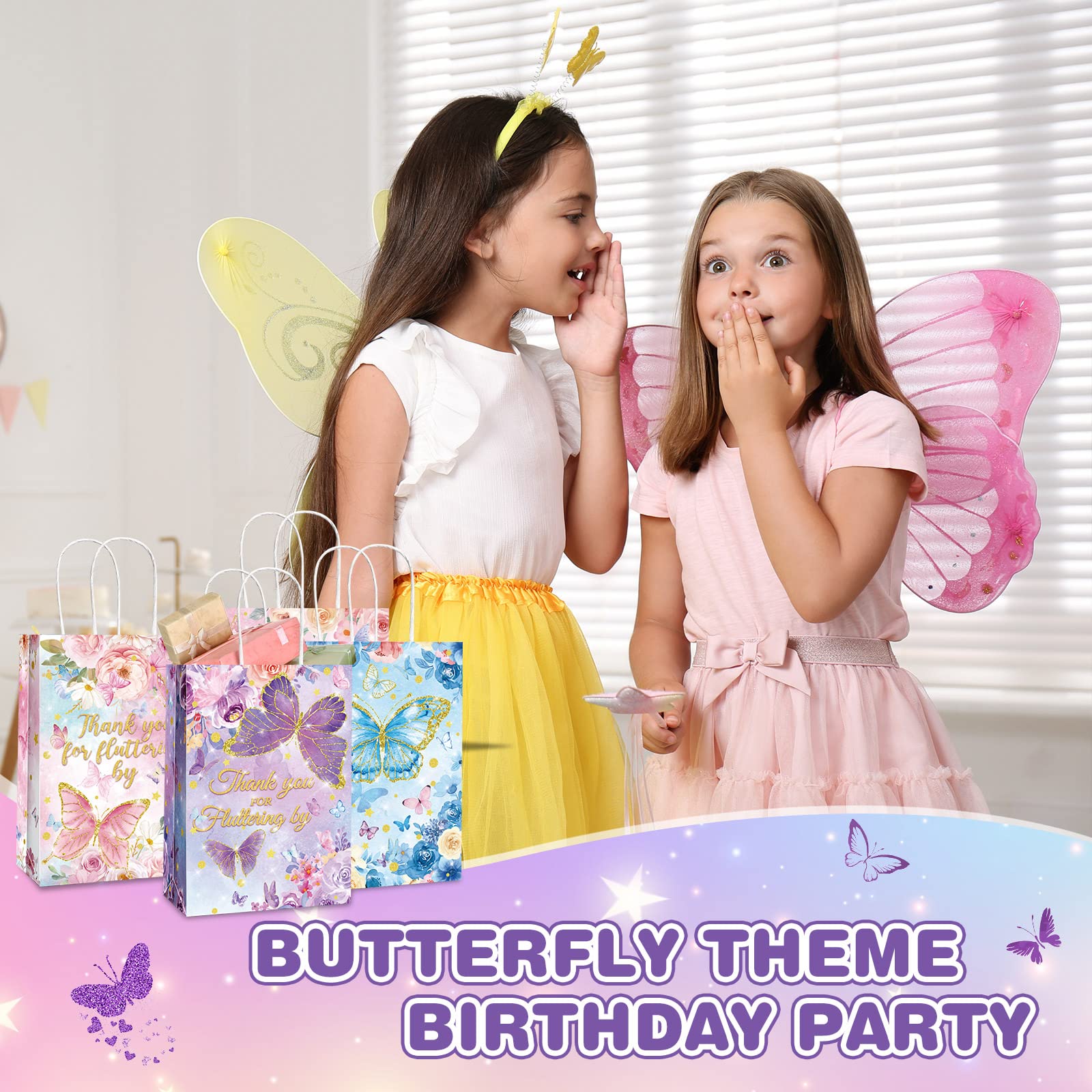 Outus 24 Pcs Butterfly Party Gift Bags Pink Purple Blue Party Gift Goodie Bags Thank You for Fluttering by Gift Bags with Handle for Butterflies Birthday Party Baby Shower Decoration