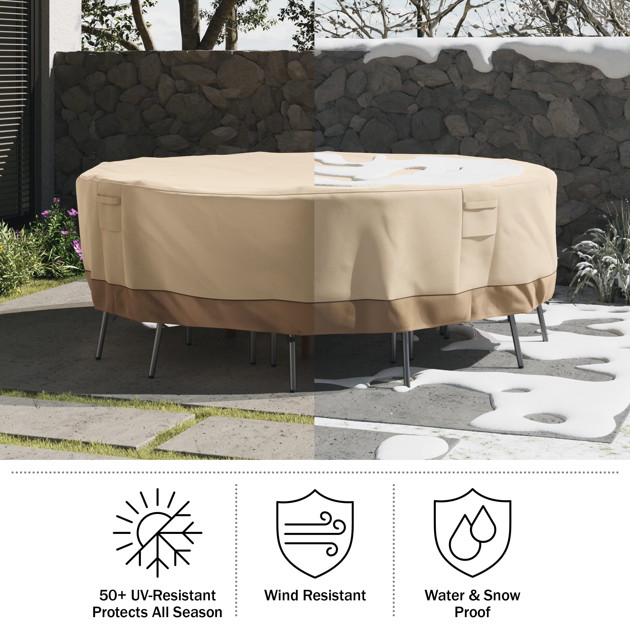 Pure Garden Round Outdoor Table Cover - 94in Heavy-Duty 600D Polyester Canvas with UV 50+ and Waterproof Backing - Patio Furniture Covers (Beige)