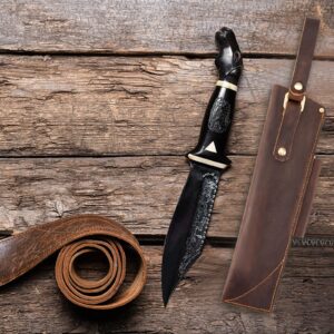 PBS Knife Sheath, Knife Sheath for Belt, Knife Holster with Belt Loop, Belt Knife Sheath for Fixed Blade Knife with Fire Starter, EDC Leather Sheath for Hiking, Hunting, Survival and Camping