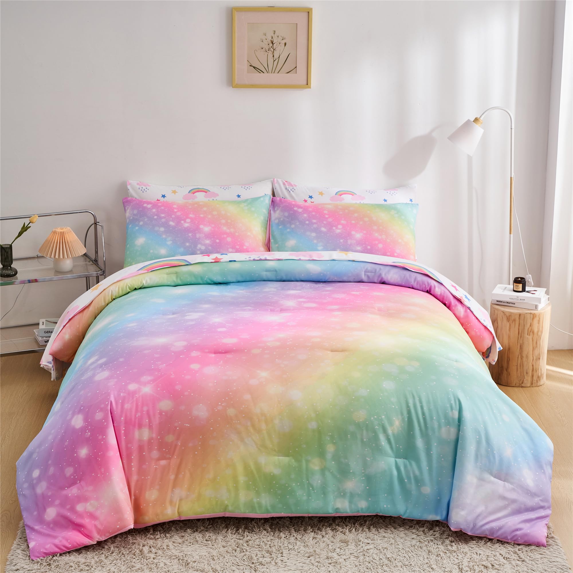 URLINENS Rainbow Girls Twin Comforter Set with Sheets, 5 Pieces Twin Bed in a Bag with Comforter, Sheets and Pillowcases, Soft Microfiber Pastel Glitter Fun Girly Twin Bedding Set for Kids Teens