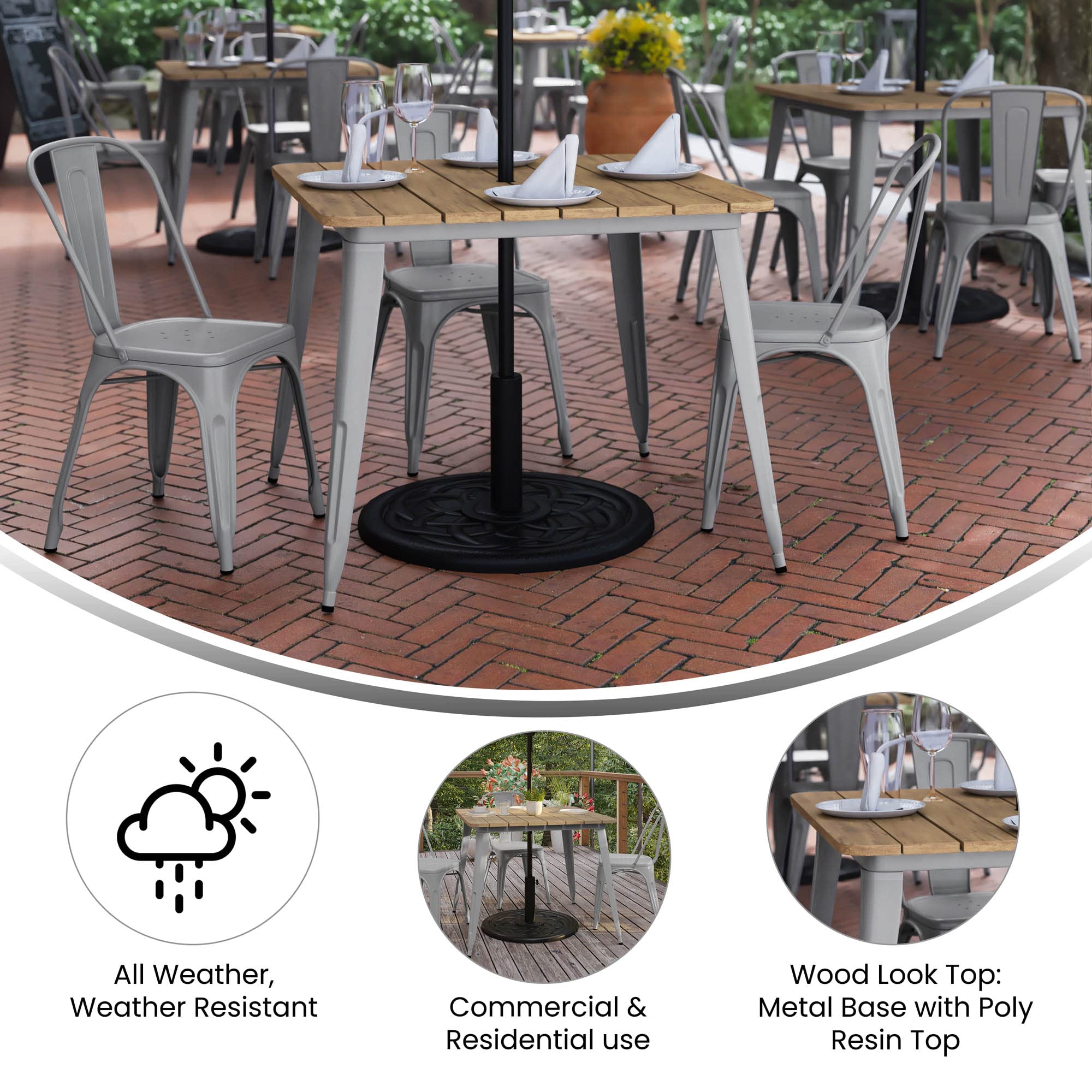 Flash Furniture Declan Commercial Outdoor Dining Table with Umbrella Hole, All Weather Poly Resin Top and Steel Base, 36" Square, Brown/Silver