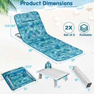 Goplus Beach Chairs with Side Table, 2 Pack Folding Lounge Chairs for Adults, with 5 Adjustable Position, Backpack Lightweight Reclining Lounge Chair for Lawn Camping Picnic Sunbath Pool (Blue&Green)