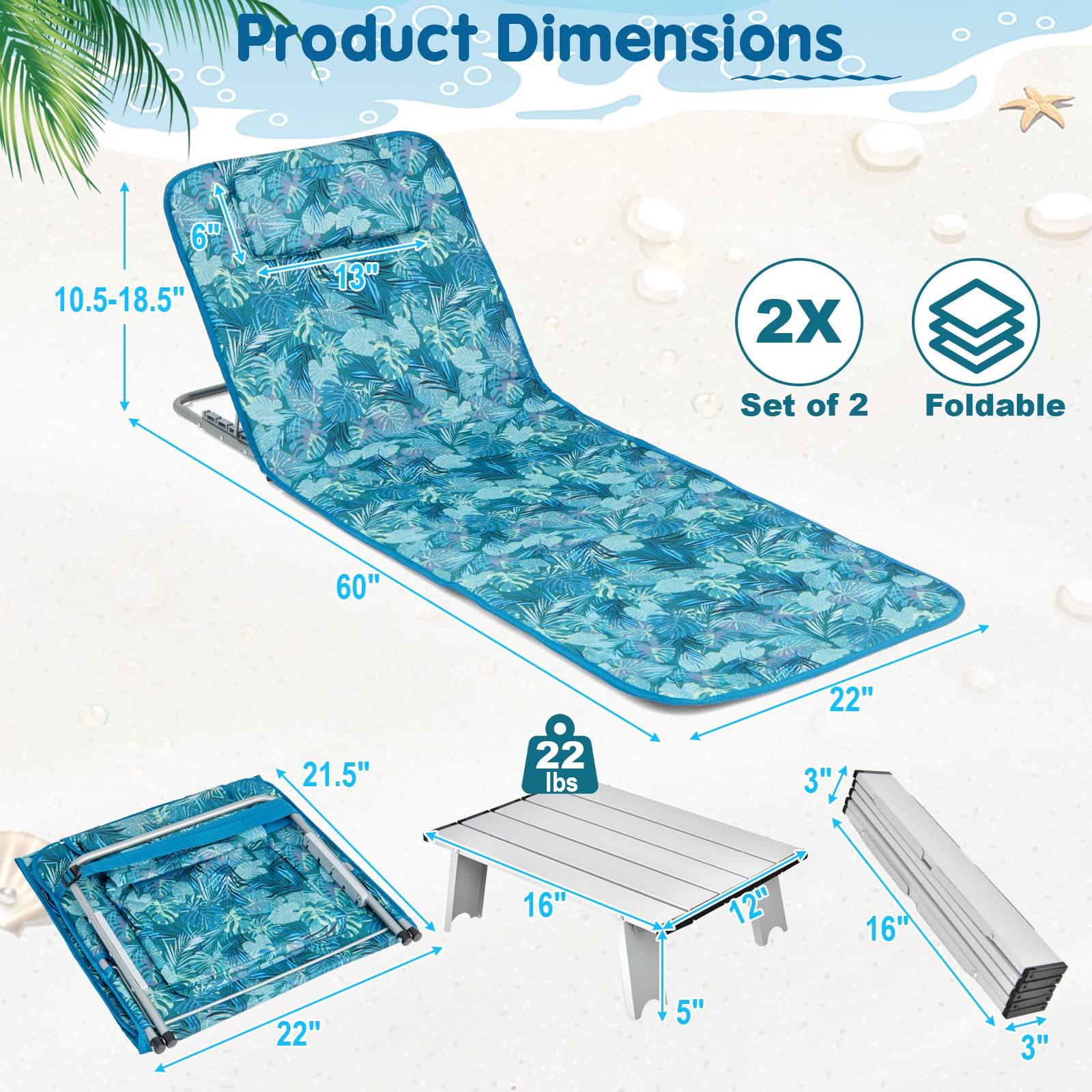 Goplus Beach Chairs with Side Table, 2 Pack Folding Lounge Chairs for Adults, with 5 Adjustable Position, Backpack Lightweight Reclining Lounge Chair for Lawn Camping Picnic Sunbath Pool (Blue&Green)