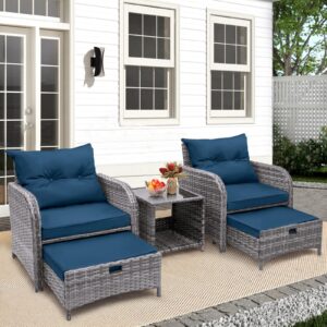 fyrickylinoo 5 pieces wicker outdoor patio chairs set with ottoman, all weather pe rattan patio conversation furniture set outdoor furniture set with hidden ottoman for poolside garden balcony, blue