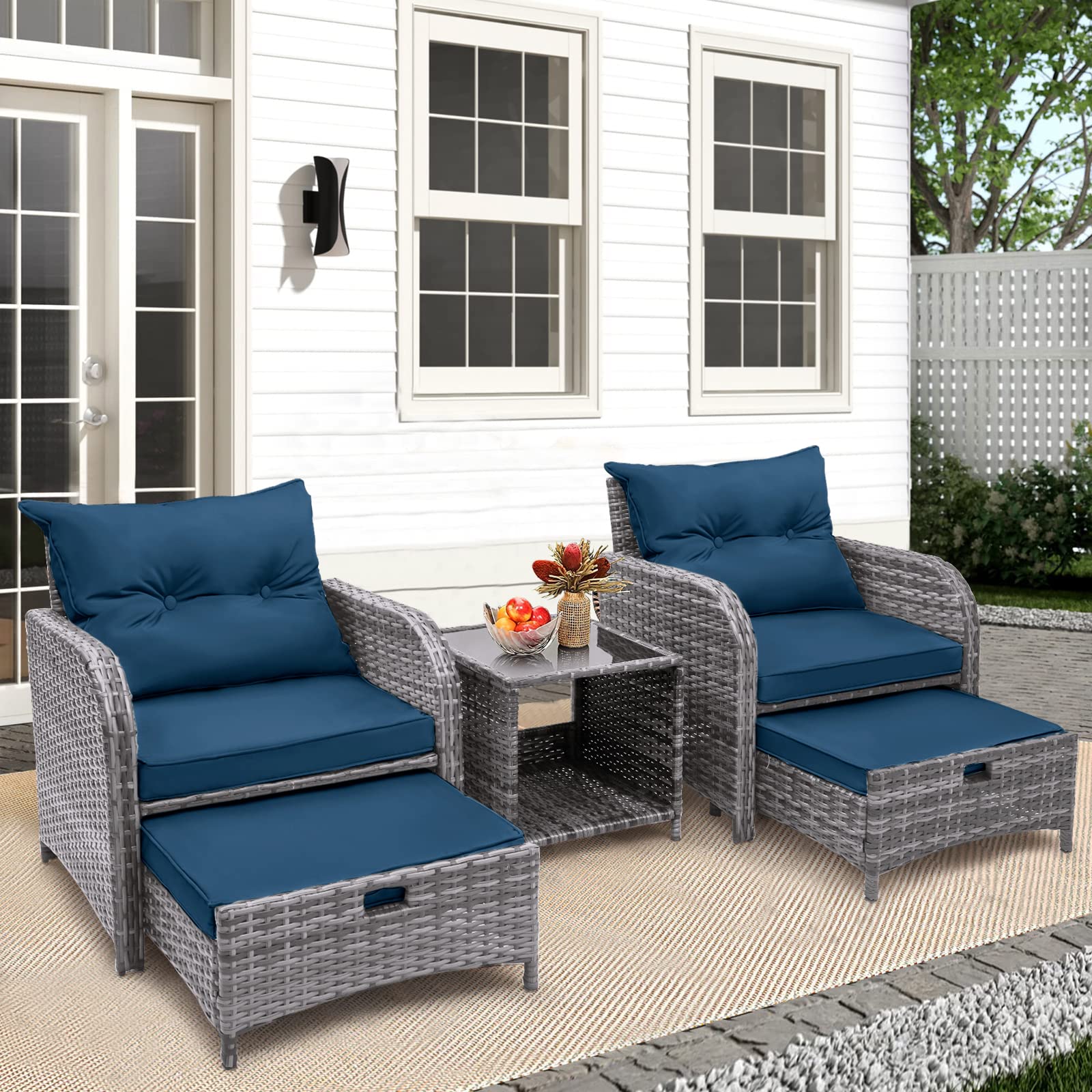 FYRICKYLINOO 5 Pieces Wicker Outdoor Patio Chairs Set with Ottoman, All Weather PE Rattan Patio Conversation Furniture Set Outdoor Furniture Set with Hidden Ottoman for Poolside Garden Balcony, Blue