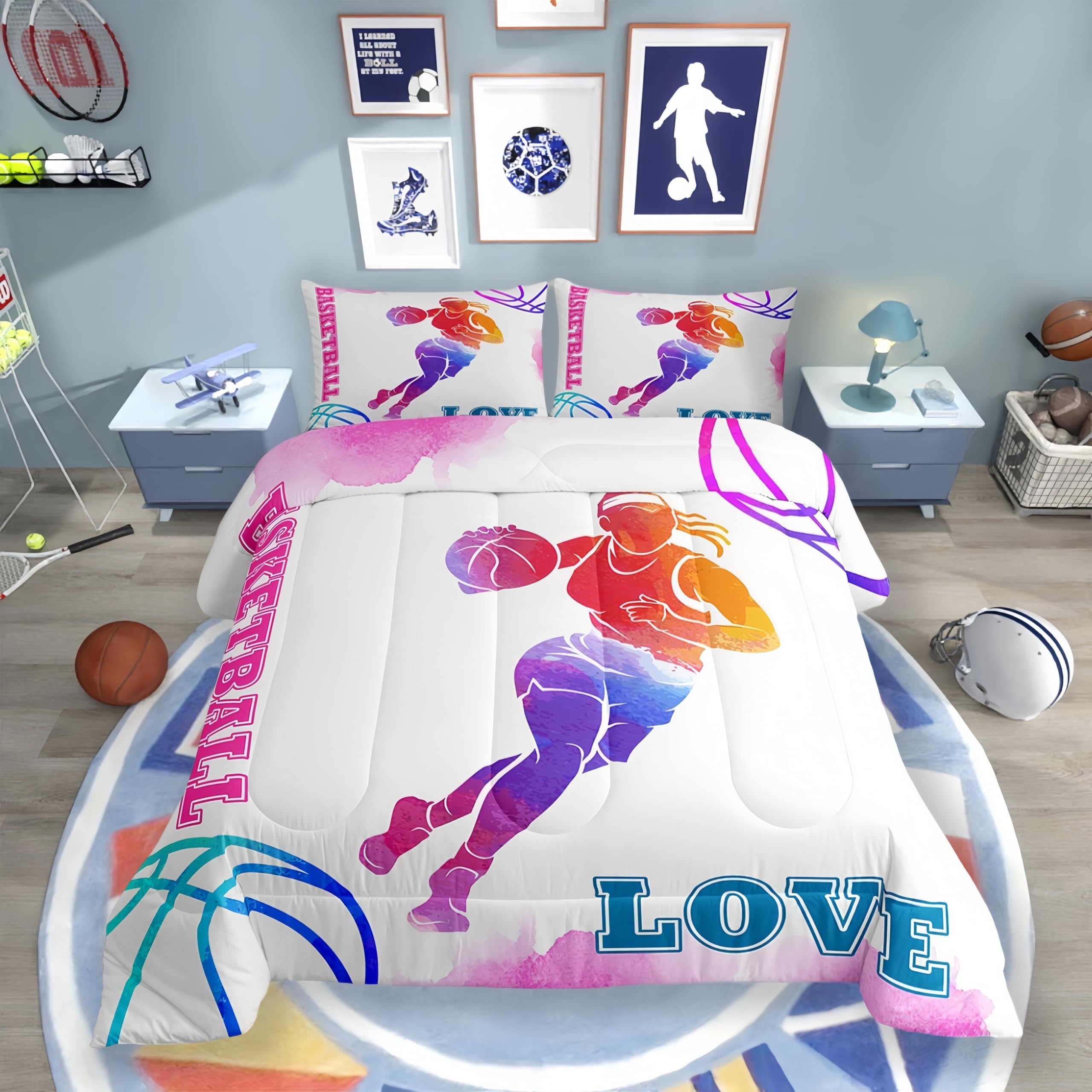 Basketball Lovers Kids Comforter Set Full Size,Modern Sports Games Competition Bedding Set,Girls Boys Adults Room Decor,Hand Painted Fashion Down Comforter,Pink Purple Duvet Insert,2 Pillowcases