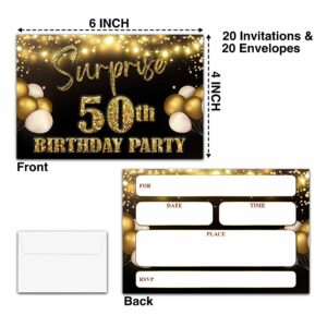 YSTEP 50th Birthday Party Invitations, 20 Black Gold Invite Cards with Envelopes, 4"x6" Foil Balloon Birthday Invites - B09