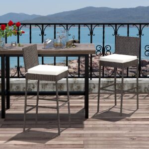 Tangkula Set of 2 Patio Wicker Barstools, Outdoor Bar Height Chair w/Soft Seat Cushion & Cozy Footrest, Heavy-Duty Metal Frame, 400 lbs Max Load, Mix Brown Rattan Bar Chair for Backyard, Balcony